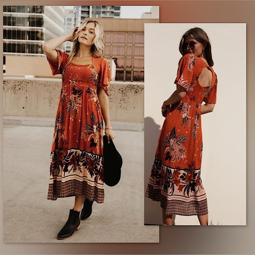 🧶Bohme Jade Smocked Bohemian Midi Dress in Rust & Black Tropical